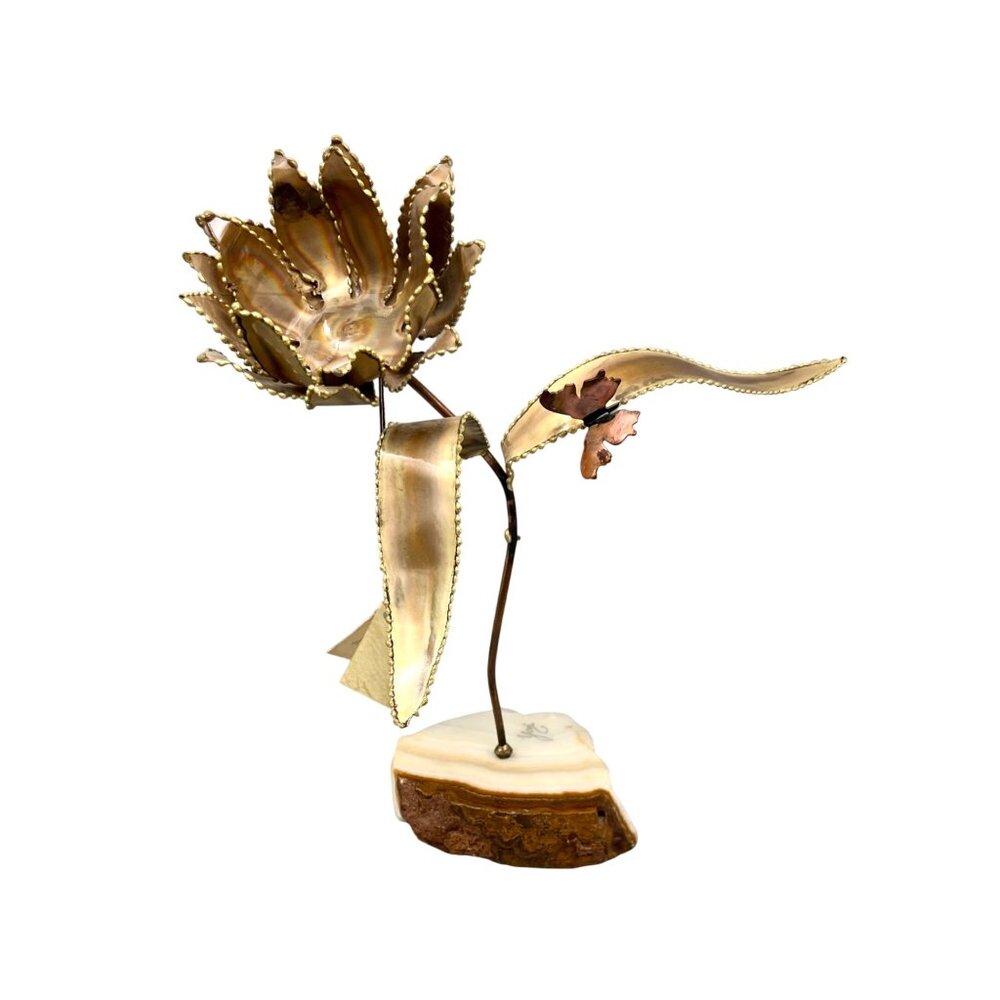 Vintage Yosi Brutalist Metal Flower Sculpture with Butterfly Onyx Base 12"H